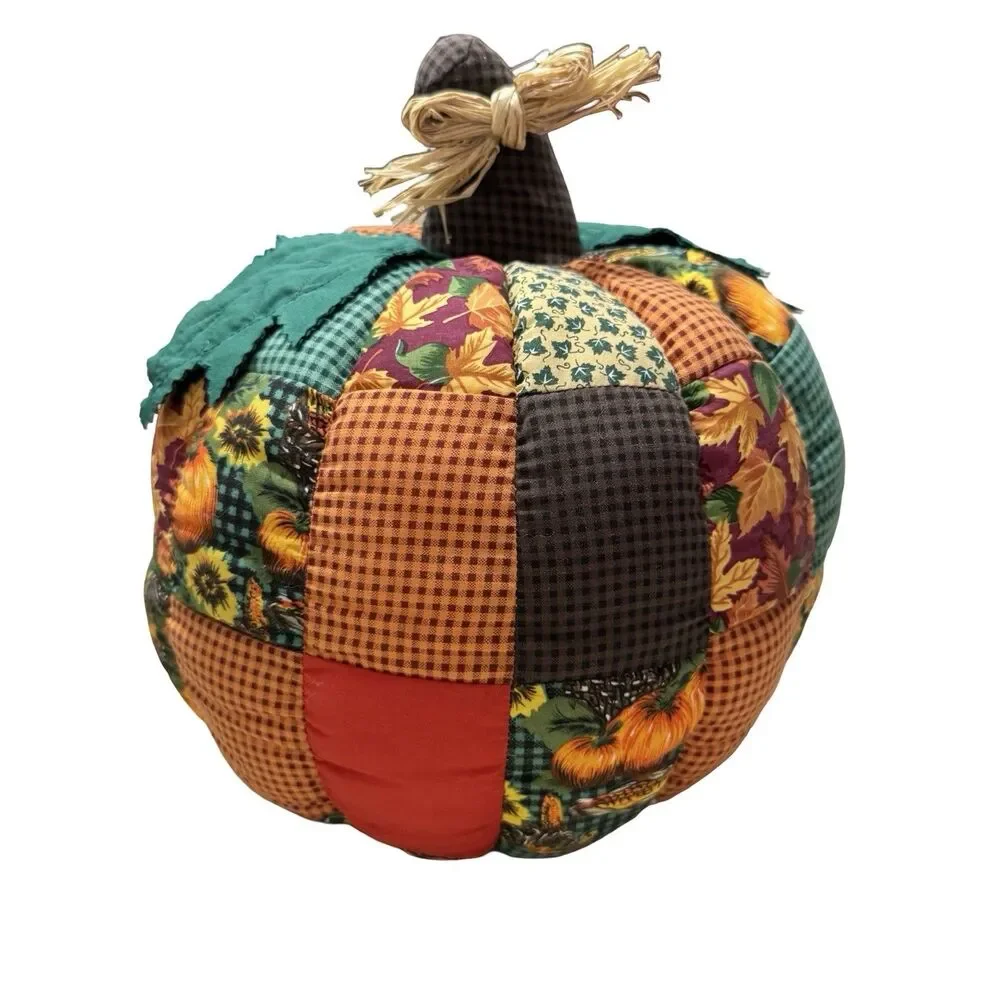 MTY International Co Ltd Large Fabric Patchwork Pumpkin 12” Fall Halloween Decor